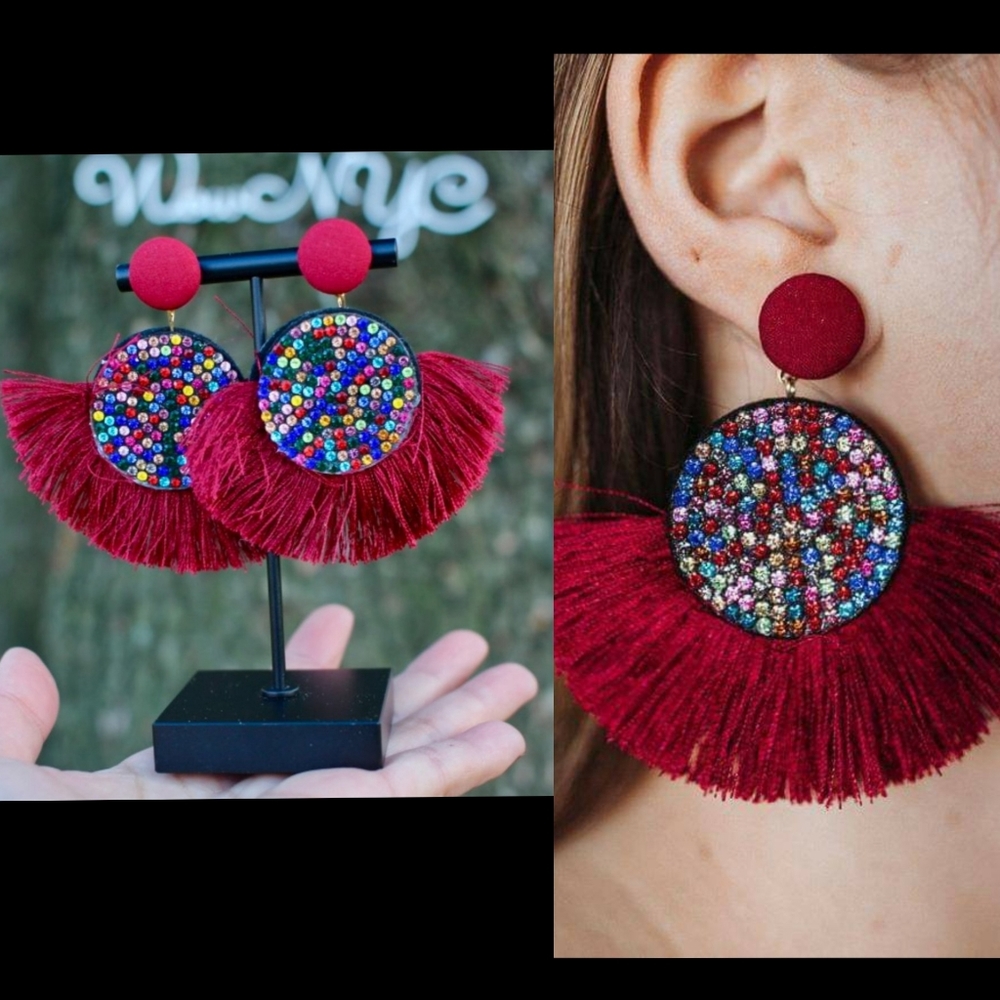 New Wine Fringe Sparkle Statement Dangle Earrings‎
